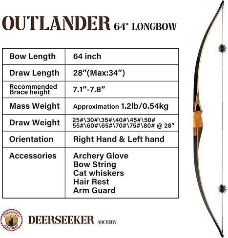 Deerseeker Outdoor Archery 64" Traditional Bow Set Hunting Longbow Reflex Deflex One-Piece Long Bow Laminated Bamboo Core Limbs Right Hand/Left Hand for Adults Bow Shooting in Saudi Arabia