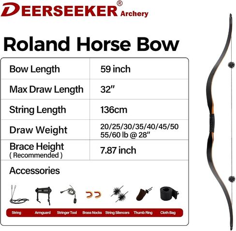 Deerseeker Archery 59" Longbow Traditional Bow Set Ambidextrous Horsebow Handmade Recurve Bow for Adults & Youth Hunting Target Shooting 20-60lbs in Saudi Arabia