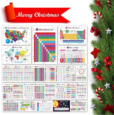 26 Set of 50 Educational Posters for Kids - Multiplication Chart, Periodic Table, USA, World Map, Sight Words, Word Families, Homeschool Supplies, Classroom Decorations - Laminated & Flat, 17x11 in Kuwait