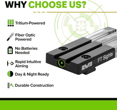 Meprolight Mepro FT Green Bullseye Rear Sight - Fiber-Optic Day/Night Sight, Tritium Powered Pistol Optic, No Battery Required, Fits Most Holsters in Kuwait