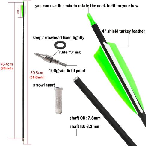 ZSHJGJR 30 Inch Archery Carbon Arrows Hunting Arrows with 4" Turkey Feather Target Practice Arrows Spine 500 for Compound & Recurve &Traditional Bow 6/12pcs in Saudi Arabia