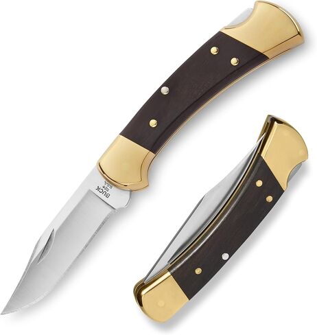 سكين صيد Buck Knives 112 Ranger، شفرة 3 بوصات، تصميم قفل خلفي، مقبض من خشب الأبنوس، مساند نحاسية، شفرة مشبك من الفولاذ المقاوم للصدأ 420HC، غمد متضمن، سكين قابل للطي مصنوع في الولايات المتحدة الأمريكية، 5.6 أونصة in Kuwait