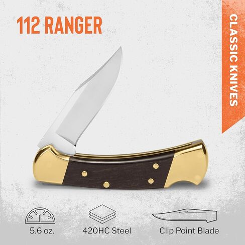 سكين صيد Buck Knives 112 Ranger، شفرة 3 بوصات، تصميم قفل خلفي، مقبض من خشب الأبنوس، مساند نحاسية، شفرة مشبك من الفولاذ المقاوم للصدأ 420HC، غمد متضمن، سكين قابل للطي مصنوع في الولايات المتحدة الأمريكية، 5.6 أونصة in Kuwait