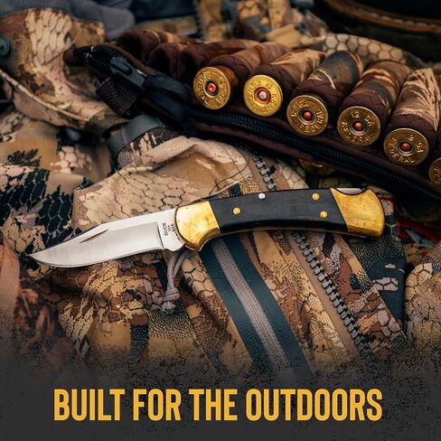 سكين صيد Buck Knives 112 Ranger، شفرة 3 بوصات، تصميم قفل خلفي، مقبض من خشب الأبنوس، مساند نحاسية، شفرة مشبك من الفولاذ المقاوم للصدأ 420HC، غمد متضمن، سكين قابل للطي مصنوع في الولايات المتحدة الأمريكية، 5.6 أونصة in Kuwait
