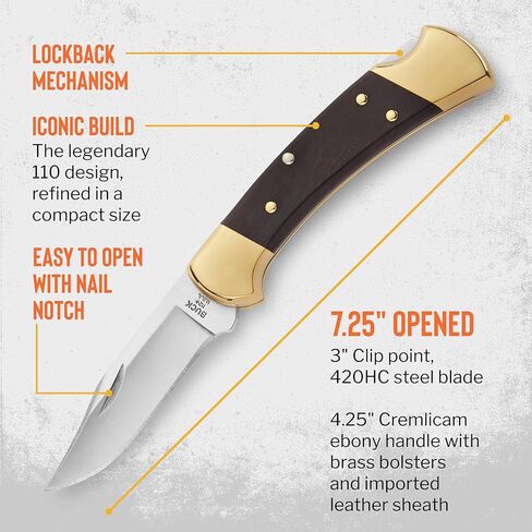 سكين صيد Buck Knives 112 Ranger، شفرة 3 بوصات، تصميم قفل خلفي، مقبض من خشب الأبنوس، مساند نحاسية، شفرة مشبك من الفولاذ المقاوم للصدأ 420HC، غمد متضمن، سكين قابل للطي مصنوع في الولايات المتحدة الأمريكية، 5.6 أونصة in Kuwait