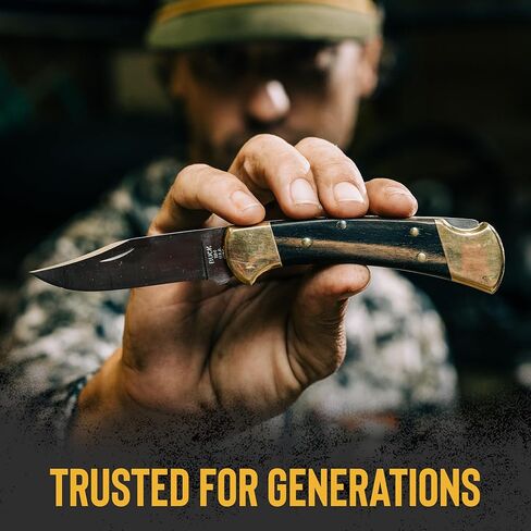 سكين صيد Buck Knives 112 Ranger، شفرة 3 بوصات، تصميم قفل خلفي، مقبض من خشب الأبنوس، مساند نحاسية، شفرة مشبك من الفولاذ المقاوم للصدأ 420HC، غمد متضمن، سكين قابل للطي مصنوع في الولايات المتحدة الأمريكية، 5.6 أونصة in Kuwait