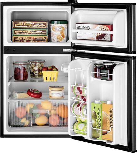 GE Mini Fridge With Freezer | 3.1 Cubic Ft. | Double-Door Design With Glass Shelves, Crisper Drawer & Spacious Freezer | Small Refrigerator Perfect for the Garage, Dorm Room, or Bedroom | Black in Saudi Arabia