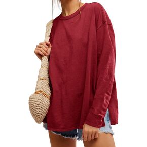 Womens Oversized Long Sleeve Shirts Crew Neck Casual Tops Loose Fit Side Slit Fall Tees in Saudi Arabia