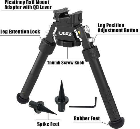 UUQ QV8 6'- 9'Bipod بندقية تكتيكية قابلة للتعديل، رافعة فصل سريعة باستخدام الحاسب الآلي لتركيب السكك الحديدية Picatinny (دوران 360 درجة)، للصيد والرماية وفي الهواء الطلق، مع أقدام مدببة in Kuwait