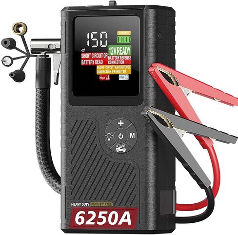 JFEGWO CS02 8250A Jump Starter مع ضاغط هواء، 32000 مللي أمبير 150 رطل لكل بوصة مربعة محمولة لشاحنة السيارة شديدة التحمل (16 لتر غاز/12 لتر ديزل)، حزمة معززة لبطارية ليثيوم 12 فولت، شاشة LED PD65W USB-C in Saudi Arabia