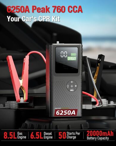 JFEGWO CS02 8250A Jump Starter مع ضاغط هواء، 32000 مللي أمبير 150 رطل لكل بوصة مربعة محمولة لشاحنة السيارة شديدة التحمل (16 لتر غاز/12 لتر ديزل)، حزمة معززة لبطارية ليثيوم 12 فولت، شاشة LED PD65W USB-C in Saudi Arabia