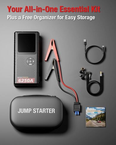 JFEGWO CS02 8250A Jump Starter مع ضاغط هواء، 32000 مللي أمبير 150 رطل لكل بوصة مربعة محمولة لشاحنة السيارة شديدة التحمل (16 لتر غاز/12 لتر ديزل)، حزمة معززة لبطارية ليثيوم 12 فولت، شاشة LED PD65W USB-C in Saudi Arabia