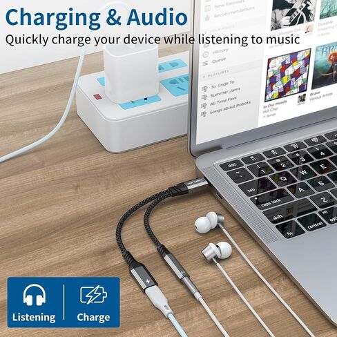 USB C to 3.5mm Headphone and Charger Adapter, 2-in-1 Type C to Aux Jack Cable with PD 60W Fast Charging for iPhone15 16 17 Pro Max, Samsung Galaxy S22 S23 S24 S25 Ultra, Note 20, iPad Air4, Pixel 8 9 in Kuwait