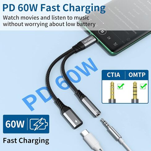 USB C to 3.5mm Headphone and Charger Adapter, 2-in-1 Type C to Aux Jack Cable with PD 60W Fast Charging for iPhone15 16 17 Pro Max, Samsung Galaxy S22 S23 S24 S25 Ultra, Note 20, iPad Air4, Pixel 8 9 in Kuwait