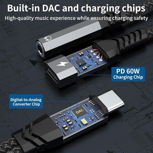 USB C to 3.5mm Headphone and Charger Adapter, 2-in-1 Type C to Aux Jack Cable with PD 60W Fast Charging for iPhone15 16 17 Pro Max, Samsung Galaxy S22 S23 S24 S25 Ultra, Note 20, iPad Air4, Pixel 8 9 in Kuwait
