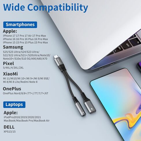 USB C to 3.5mm Headphone and Charger Adapter, 2-in-1 Type C to Aux Jack Cable with PD 60W Fast Charging for iPhone15 16 17 Pro Max, Samsung Galaxy S22 S23 S24 S25 Ultra, Note 20, iPad Air4, Pixel 8 9 in Kuwait