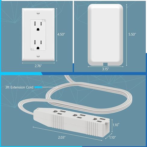 LIDER Flat-Face Outlet Extender with 3 Receptacles, Ultra-Thin Wall Plate Plug with Cord Extender and 3-Outlet Power Strip, 3ft Cord, LWE3-315-W, ETL-Listed, White in Kuwait