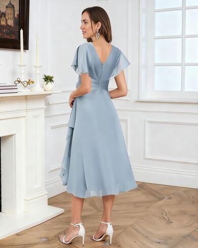 فساتين أم العروس بطول الشاي - 2025 فستان سهرة رسمي زفاف شيفون مطرز بأكمام قصيرة للنساء in Kuwait