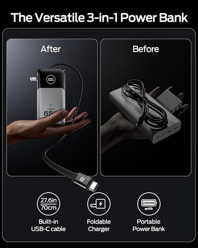 MOVE SPEED Portable Charger Laptop Power Bank 20000mAh 65W, Travel Essentials Battery Pack with Built-in Retractable USB-C Cable & Wall Plug, for MacBook/iPhone 17/16/15/iPad/Galaxy/Dell/HP and More in Kuwait