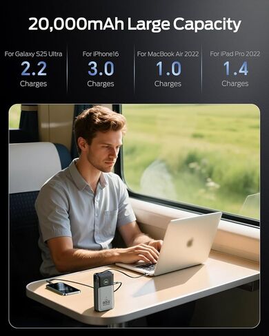 MOVE SPEED Portable Charger Laptop Power Bank 20000mAh 65W, Travel Essentials Battery Pack with Built-in Retractable USB-C Cable & Wall Plug, for MacBook/iPhone 17/16/15/iPad/Galaxy/Dell/HP and More in Kuwait