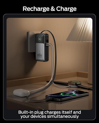 MOVE SPEED Portable Charger Laptop Power Bank 20000mAh 65W, Travel Essentials Battery Pack with Built-in Retractable USB-C Cable & Wall Plug, for MacBook/iPhone 17/16/15/iPad/Galaxy/Dell/HP and More in Kuwait