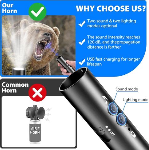 Electronic Bear Air Horn,120dB Rechargeable Whistle with Flashlight for Hiking & Camping, Wildlife Deterrent & Emergency Safety Device, Can Replace Bear Bell in Saudi Arabia