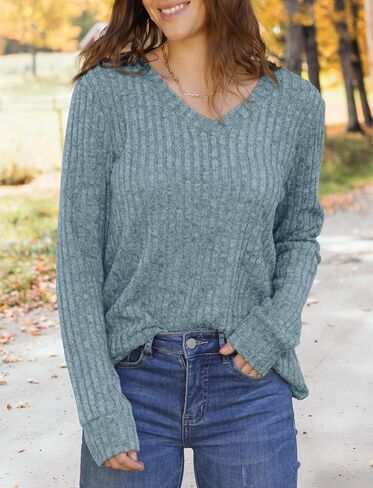 V Neck Long Sleeve Shirts for Women Casual Fall Tops Lightweight Tunic Sweaters Fashion Clothes 2025 in Saudi Arabia
