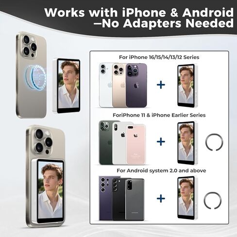 شاشة مراقبة سيلفي لهواتف iPhone/Android، شاشة كاميرا خلفية للهاتف المغناطيسي مع جهاز تحكم عن بعد بلوتوث، تسجيل لاسلكي سيلفي/بث مباشر/TikTok in Kuwait