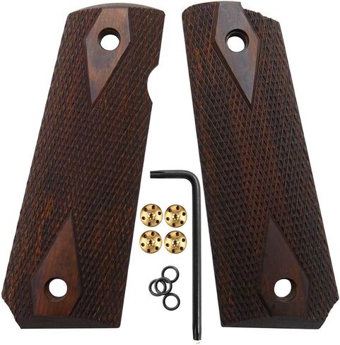 Cool Hand 1911 Wood Grips, Grips Gold Screws Included, Full Size (Government/Commander), Checker Diamond Cut or w/Patriotic US Logo or Honey Comb Texture, Ambi Safety Cut in Saudi Arabia