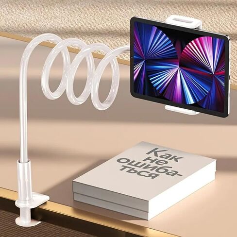 Gooseneck Tablet Holder for Bed and Desk, 360° Adjustable Overhead Mount with Clamp for Phone, Pad, Ereader, Recording, Reading, Filming – Lazy Arm Stand for 7.9"–10" Devices (White) in Saudi Arabia
