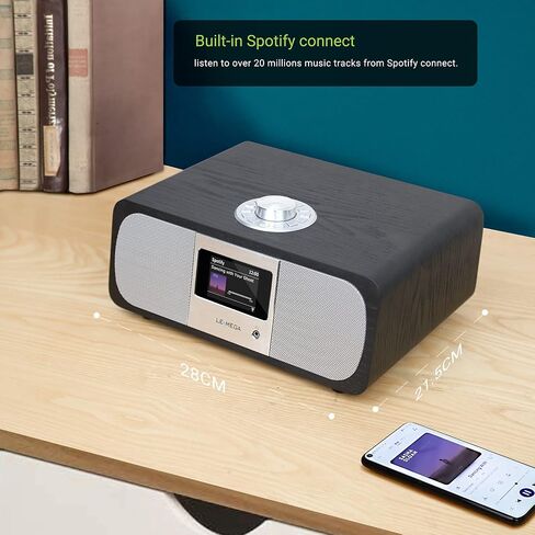 Lemega M5P ترقية راديو الإنترنت مع مشغل أقراص مضغوطة، نظام ستيريو قوي 2.1، Spotify HiFi، بلوتوث، راديو FM، خزانة خشبية صوتية، 50 إعدادًا مسبقًا، مقبس سماعة الرأس، التحكم في تطبيق OKTIV - أسود in Kuwait