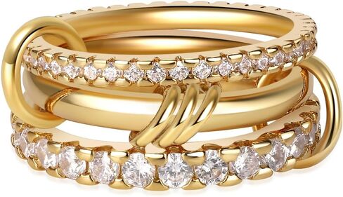 Gold Stackable Rings for Women Non Tarnish, 18K Gold Plated CZ Cubic Zirconia Rings, Golden Rings Set, Multi-Link Connected Rings in Saudi Arabia