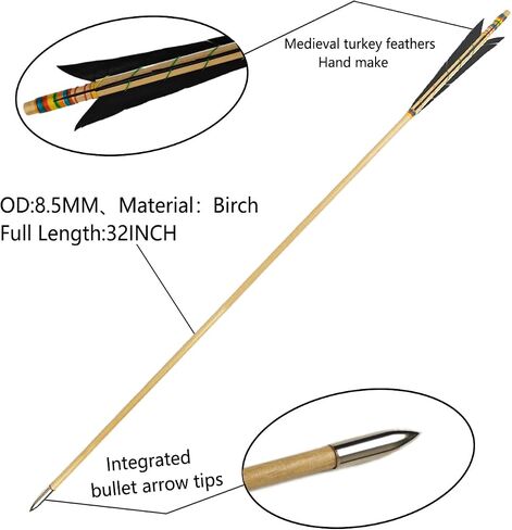 32" Archery Wooden Target Practice Arrows with 5.9" Medieval Turkey Feather Fletching for Recurve &English & Traditional Longbow Hunting (Pack of 12) in Saudi Arabia