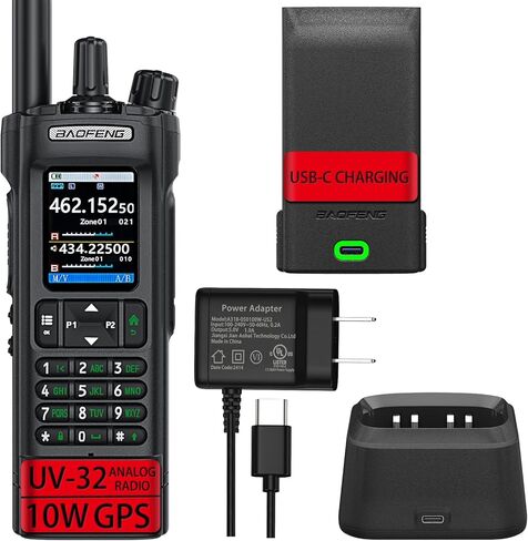 راديو BAOFENG UV-32 Ham Radio، جهاز اتصال لاسلكي UV32 قابل لإعادة الشحن بقوة 10 وات مع نظام تحديد المواقع العالمي (GPS)، برمجة التطبيق، AM، تردد النسخ، شحن USB-c، للطرق الوعرة والكوارث الجاهزة (عبوة واحدة سوداء + مشبك خلفي) in Saudi Arabia