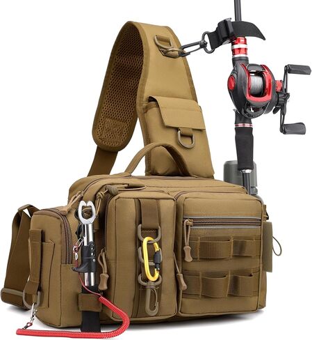 حقيبة تخزين أدوات صيد الأسماك - حقيبة خصر مع أشرطة كتف عريضة قابلة للتعديل، 12 حجرة لمعدات الصيد والطُعم والخطافات والإكسسوارات، متينة وخفيفة الوزن للصيادين في الهواء الطلق، كاكي in Kuwait