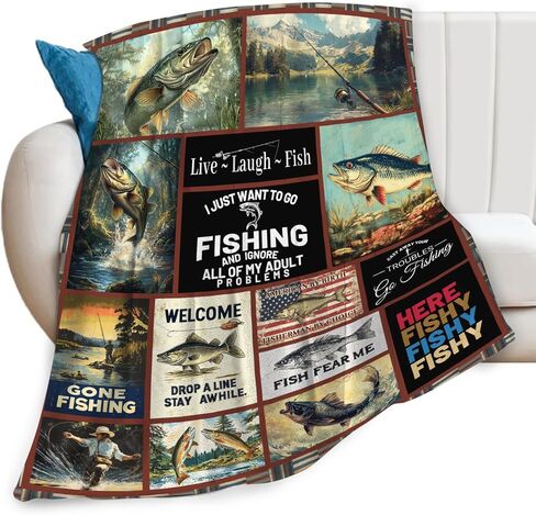 Fishing Gifts for Men, Fishing Fish Flannel Throw Blanket, Cozy Fleece Soft Stuff Blankets Gift for Dad Fisherman Couch Sofa Bed 50" x 40" in Saudi Arabia