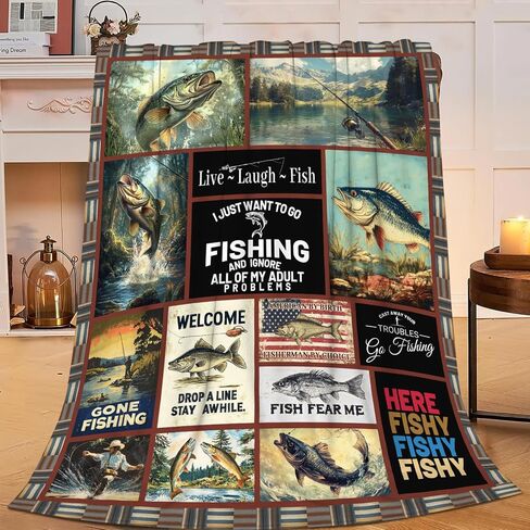 Fishing Gifts for Men, Fishing Fish Flannel Throw Blanket, Cozy Fleece Soft Stuff Blankets Gift for Dad Fisherman Couch Sofa Bed 50" x 40" in Saudi Arabia