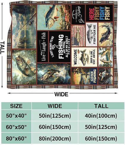 Fishing Gifts for Men, Fishing Fish Flannel Throw Blanket, Cozy Fleece Soft Stuff Blankets Gift for Dad Fisherman Couch Sofa Bed 50" x 40" in Saudi Arabia