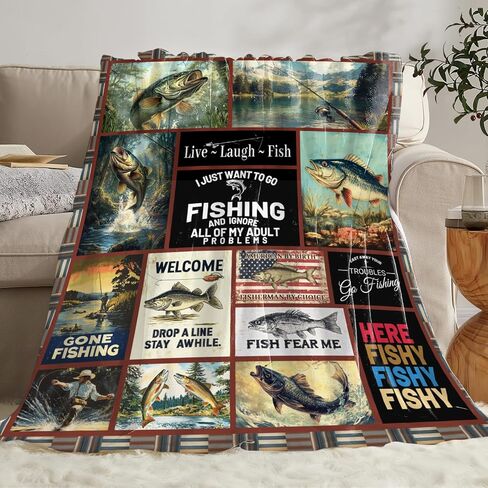 Fishing Gifts for Men, Fishing Fish Flannel Throw Blanket, Cozy Fleece Soft Stuff Blankets Gift for Dad Fisherman Couch Sofa Bed 50" x 40" in Saudi Arabia