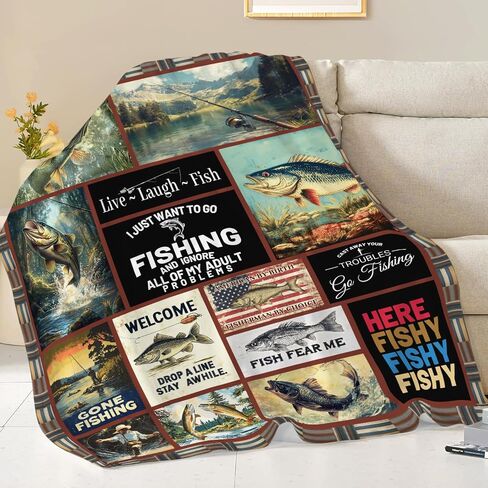 Fishing Gifts for Men, Fishing Fish Flannel Throw Blanket, Cozy Fleece Soft Stuff Blankets Gift for Dad Fisherman Couch Sofa Bed 50" x 40" in Saudi Arabia
