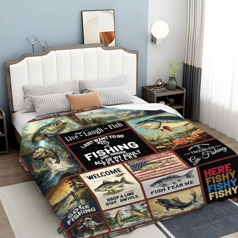 Fishing Gifts for Men, Fishing Fish Flannel Throw Blanket, Cozy Fleece Soft Stuff Blankets Gift for Dad Fisherman Couch Sofa Bed 50" x 40" in Saudi Arabia