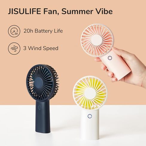 مروحة JISULIFE المحمولة [20 ساعة أقصى وقت تبريد] 4000 مللي أمبير في الساعة قابلة لإعادة الشحن عبر USB، مروحة محمولة تعمل بالبطارية مع 3 سرعات للسفر/المكياج/المكتب - أبيض in Kuwait