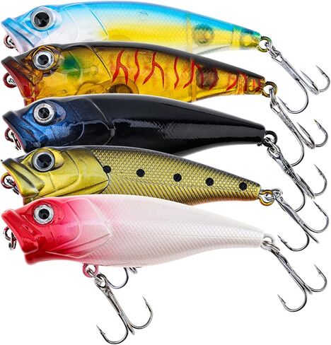 5pcs Fishing Popper Lure, Fish Baits Bass Hard Lures with 3D Eyes Poppers, Topwater Bass Fishing Baits in Saudi Arabia