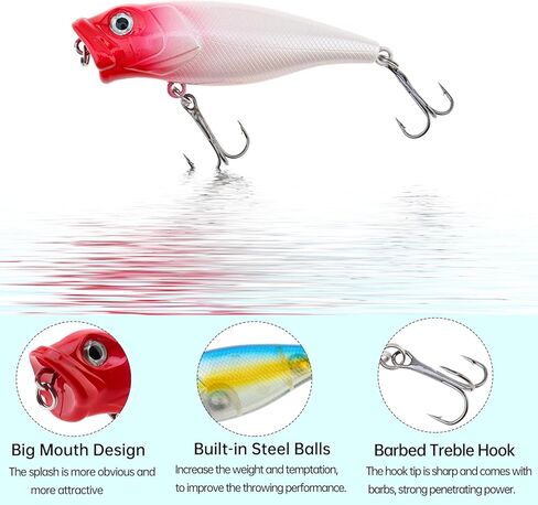 5pcs Fishing Popper Lure, Fish Baits Bass Hard Lures with 3D Eyes Poppers, Topwater Bass Fishing Baits in Saudi Arabia