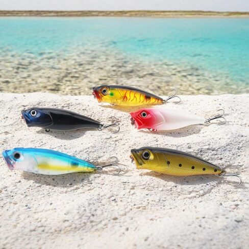 5pcs Fishing Popper Lure, Fish Baits Bass Hard Lures with 3D Eyes Poppers, Topwater Bass Fishing Baits in Saudi Arabia
