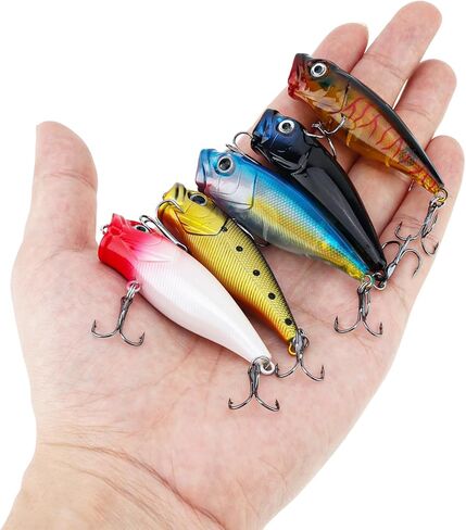 5pcs Fishing Popper Lure, Fish Baits Bass Hard Lures with 3D Eyes Poppers, Topwater Bass Fishing Baits in Saudi Arabia