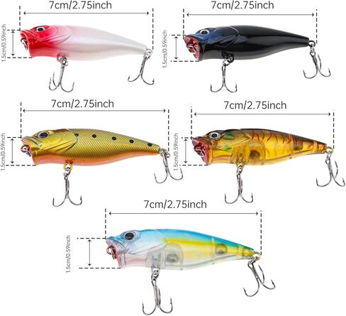 5pcs Fishing Popper Lure, Fish Baits Bass Hard Lures with 3D Eyes Poppers, Topwater Bass Fishing Baits in Saudi Arabia