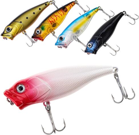 5pcs Fishing Popper Lure, Fish Baits Bass Hard Lures with 3D Eyes Poppers, Topwater Bass Fishing Baits in Saudi Arabia