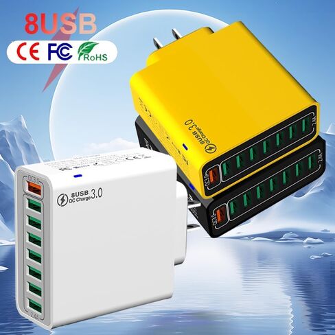 شاحن USB سريع 8 في 1 مقاوم للماء، محطة شحن سطح المكتب 8 منافذ، منفذ توصيل شاحن الهاتف أثناء السفر، مع 4 منافذ USB من النوع C و4 منافذ USB للسفر في المنزل والمكتب (أبيض) in Kuwait