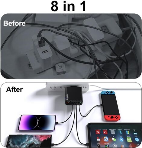 شاحن USB سريع 8 في 1 مقاوم للماء، محطة شحن سطح المكتب 8 منافذ، منفذ توصيل شاحن الهاتف أثناء السفر، مع 4 منافذ USB من النوع C و4 منافذ USB للسفر في المنزل والمكتب (أبيض) in Kuwait